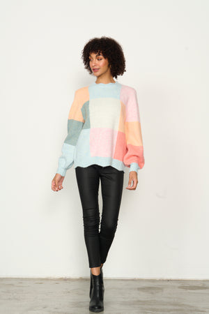 Open image in slideshow, Patchwork Jumper with Scalloped Hem - Sky
